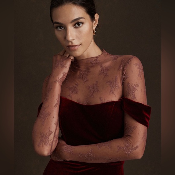 Anthropologie Jenny Yoo Issa Off Shoulder Column Velvet Gown, Dark Berry, 16 - Picture 3 of 9